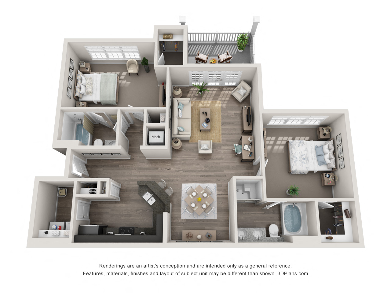 Floor plan for 2 beds, 2 baths, 1263 sqft